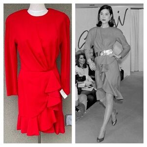 NEW Arnold Scaasi Boutique Fall 1991 red midi length evening dress
